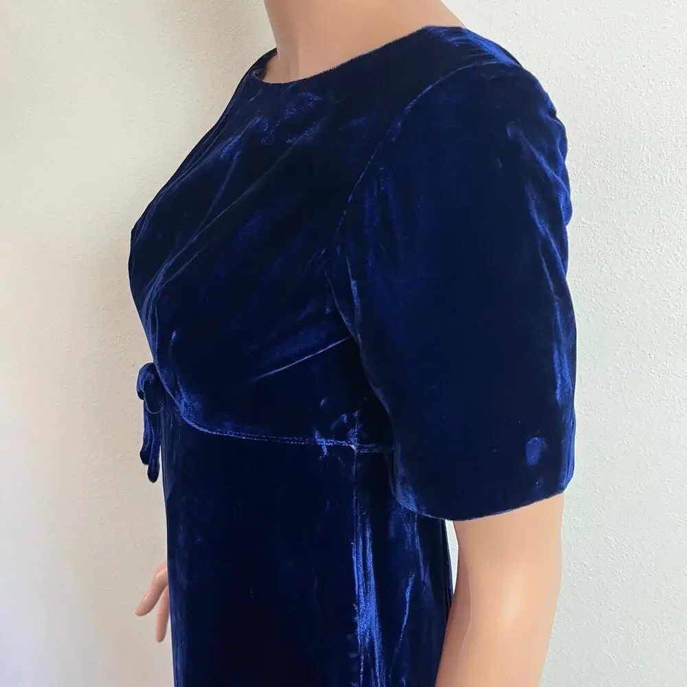 Vintage‎ 60s Blue Velvet Empire Waist Maxi Dress // Size XS - Picture 3 of 8